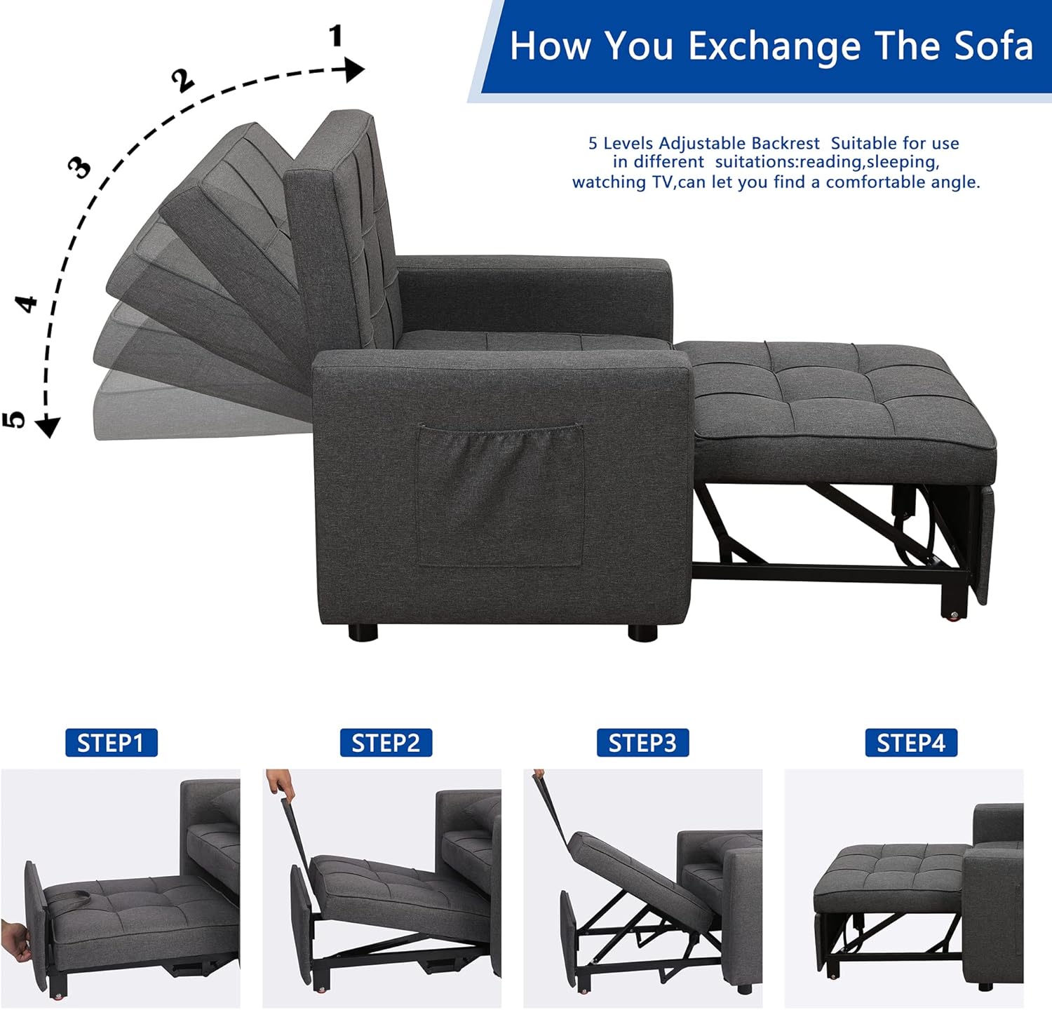 Convertible Chair Bed 3-in-1,Folding Sleeper Chair Bed, Multi-Functional Adjustable Recliner for Apartment, Living Room, Sofa, Bed, Single Bed Chair with Pillow Dark Grey