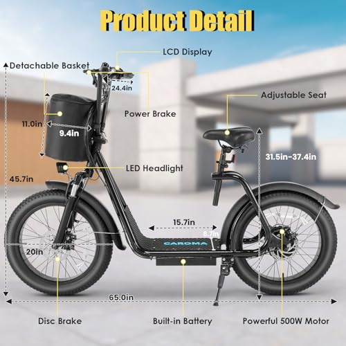 Caroma Peak 800w Electric Scooter Adults 20"X3" Fat Tire, 20 MPH Top Speed & 30 Miles Range, Off-Road E Scooter w/Adjustable Seat & Detachable Basket, Foldable Ebike w/Shock Absorption for Commuting