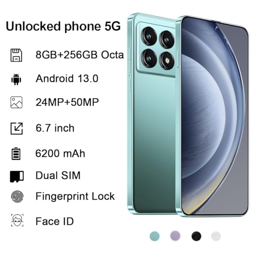 K70 5G Unlocked cell phones 2024 Android 13 smartphones 8GB+256GB/8-Core Android Phones 6.7" HD Screen 24MP+50MP Camera 6200mAh Battery Standby 5G Dual SIM mobile phones (Graphite black)