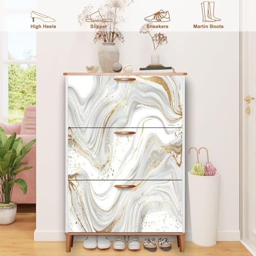 Shoe Cabinet with 3 Flip Drawers Luxury art Eastern style Golden swirl artistic Painter uses vibrant Wooden Shoe Storage Cabinet Boho Freestanding Hidden Shoe Rack Slim Shoe Organizer for Entryway