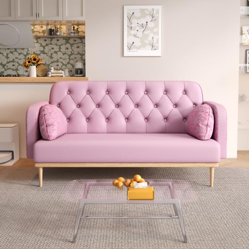 Modern Loveseat Sofa Couch with 2 Throw Pillows,PU Leather Upholstered Small Love Seat Couches with Tulip Pattern, New,2 Seater for Living Room Bedroom (Green)