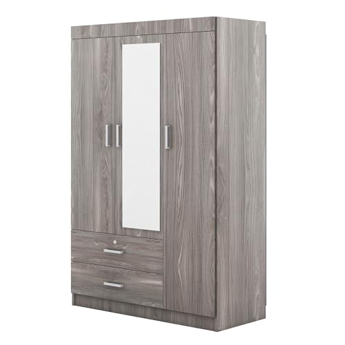 3 Doors Wardrobe Armoire with Mirror, Modern Wood Armoire Wardrobe Cabinet with Shelves & Hanging Rod, Bedroom Armoire Clothes Organizer (Gray-3G)