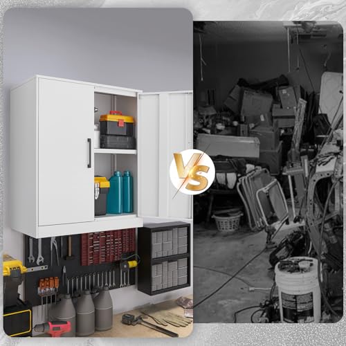 GREATMEET Metal Wall Cabinet, Wall Mount Metal Cabinet for Garage Storage, Locking Cabinet with Doors and Adjustable Shelf, Steel White Cabinet for Utility Room, Garage