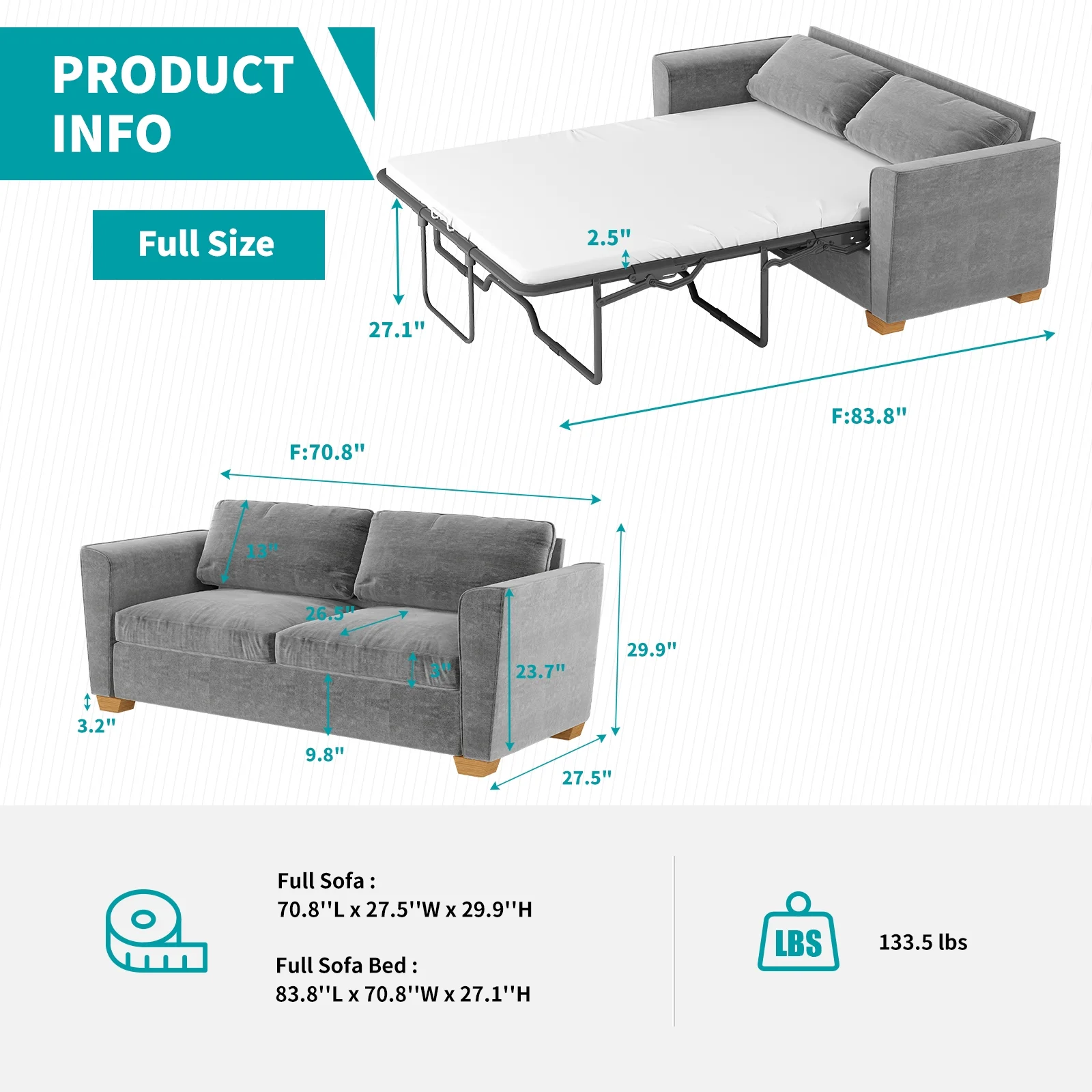 MUZZ Full Size Pull Out Sofa Bed, Velvet Sofa Couvh with Pull Out Bed, Sleeper Sofa Couch with Foam Mattress, 2-in-1 Sleeper Couch Bed for Living Room/Apartment/Small Spaces (Grey)