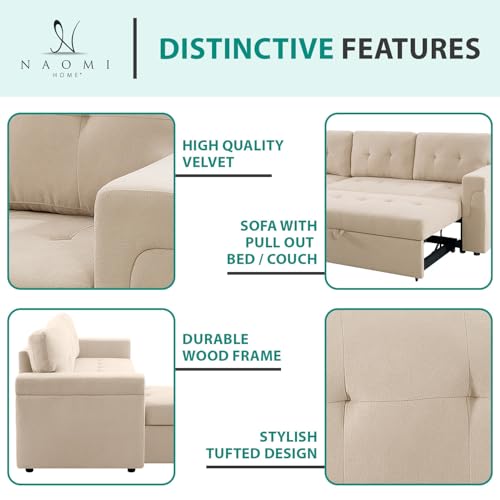 Naomi Home Jenny Sectional Sofa Sleeper with Storage Chaise, Tufted Pull Out Couch with Storage, L-Shaped Reversible Sleeper Sofa with Storage, Black,Air Leather