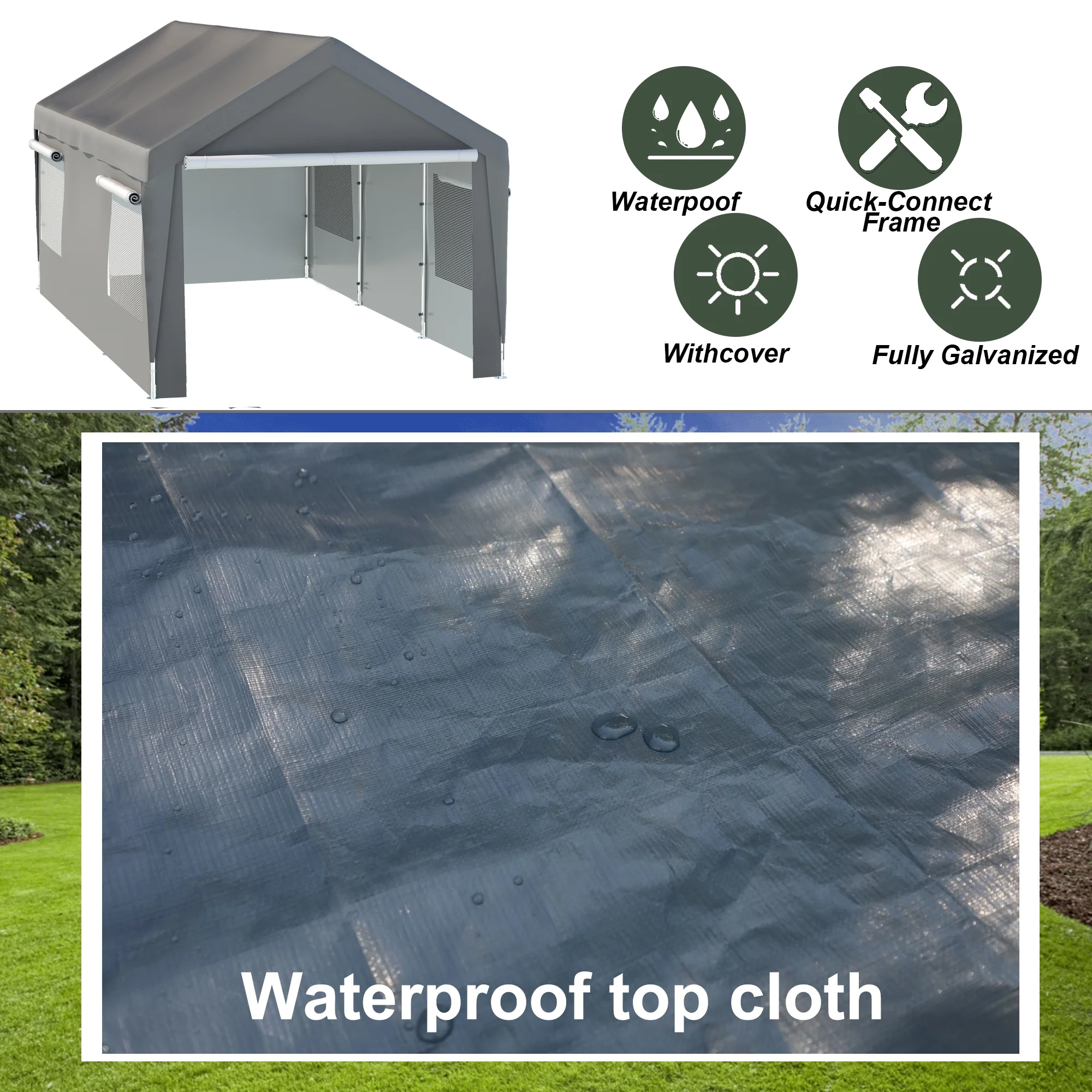 LZBEITEM 10 x 20 ft. Heavy Duty Steel Outdoor Carport Storage Boat Shed Canopy Garage Car Shelter Portable Party Tent Adjustable Height with Window Sidewalls and Doors, Gray