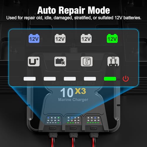 3 Bank Marine Battery Charger 10X3, 30A (10A/Bank) - 12V Waterproof Onboard Battery Charger, Battery Maintainer & Desulfator for SLA/AGM, Lithium (LiFePO4), Calcium & Deep-Cycle Battery - Charged 24/7