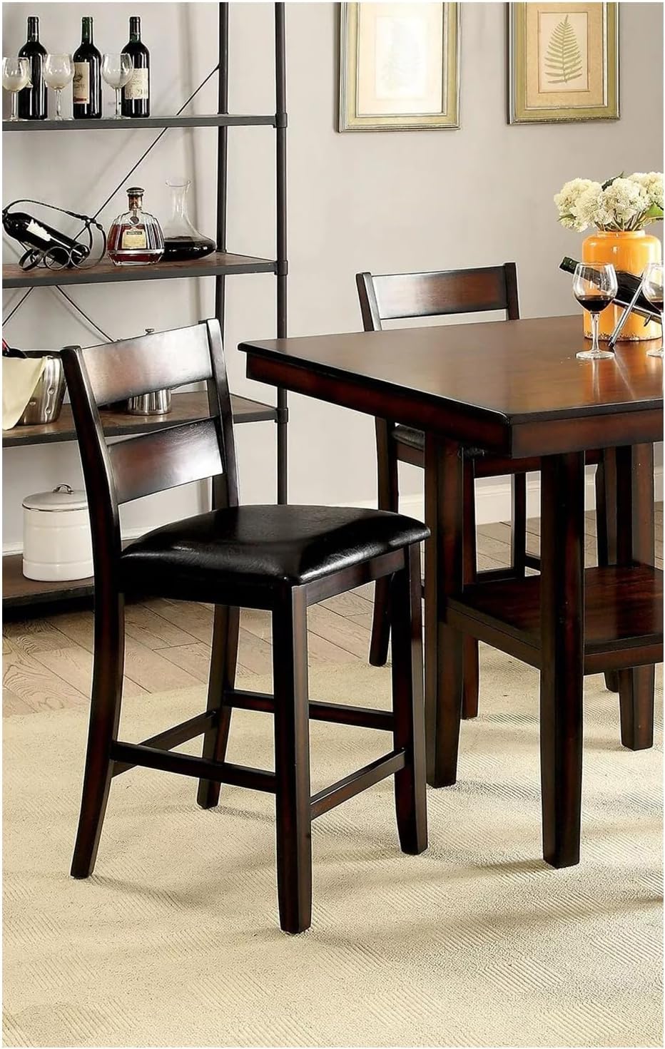 Saranya 18 Shop Brown Cherry Storage Dining Table 5pc Set Counter Height Wooden 4X High Chairs Cushion seat Shelf Shelves Furniture Room Kitchen New Modern Home 40" L x 40" W x 36" H of Set
