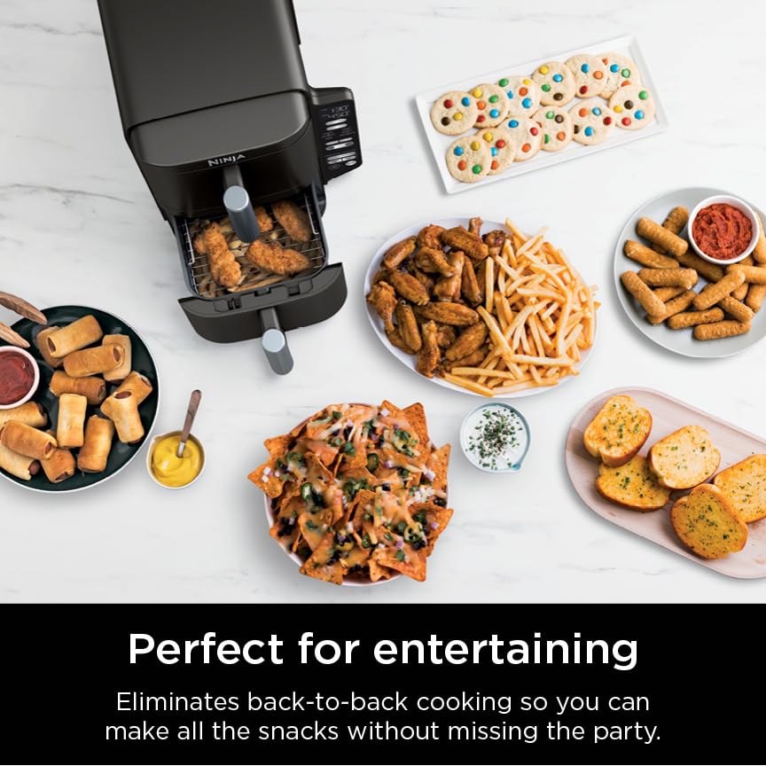 Ninja DoubleStack 2-Basket Air Fryer, DoubleStack Technology Cooks 4 Foods at Once, Space Saving Design, 8 QT, 6-in-1, Smart Finish & Match Cook, Air Fry, Broil, Bake, Easy Meals & Clean, Black, SL201