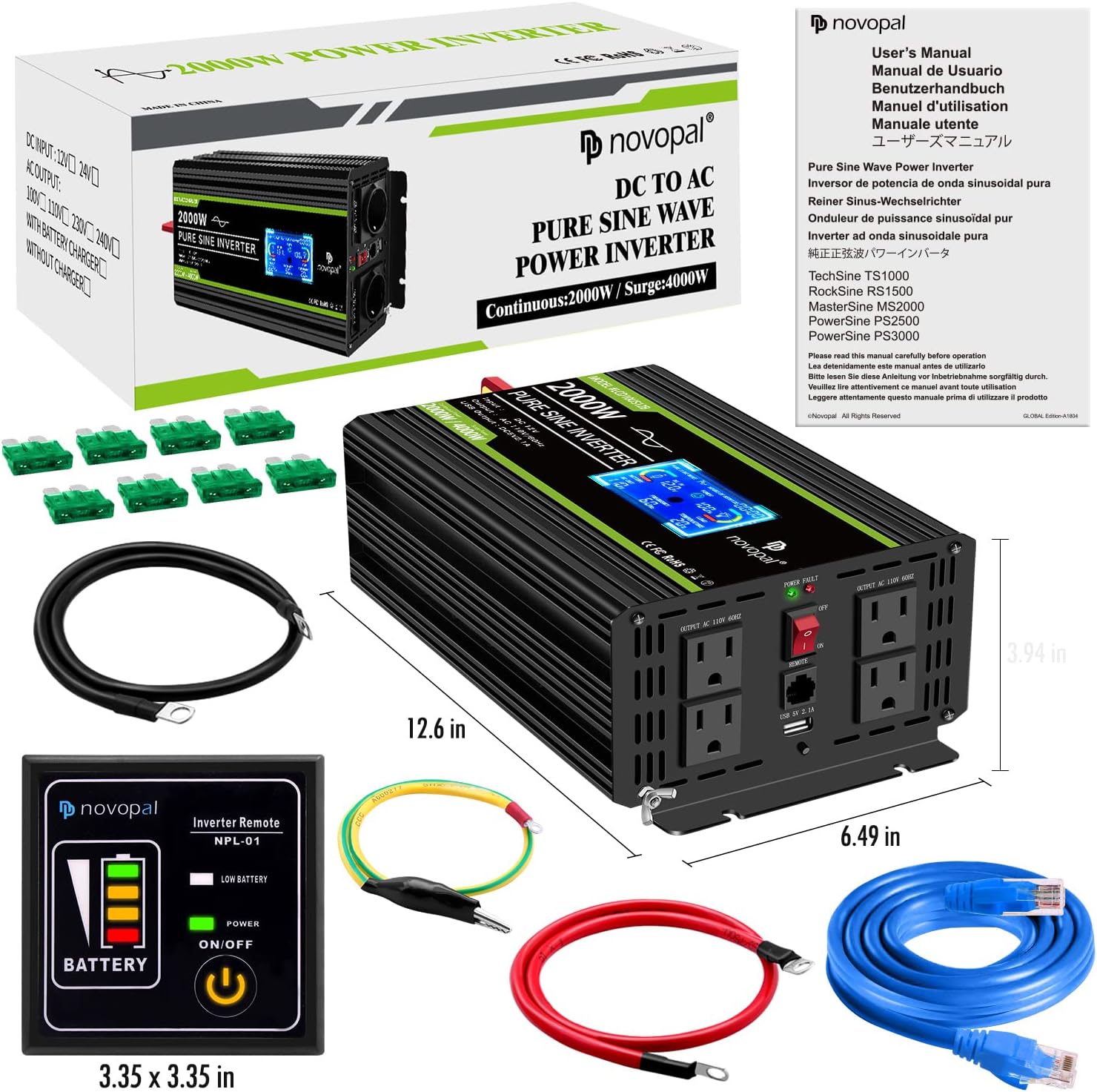 Novopal 2000 Watt Pure Sine Wave Power Inverter 12V DC to 110V/120V AC Converter- 4 AC Outlets Car Inverter with 1 USB Port-Remote Control and LCD Display Dual Cooling Fans Inverter for CPAP RV