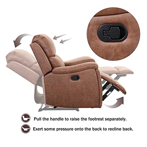 CANMOV Leather Recliner Chair, Classic and Traditional Manual Recliner Chair with Overstuffed Arms and Back, Manual Single Sofa with Concealed Cup Holders,Red Brown