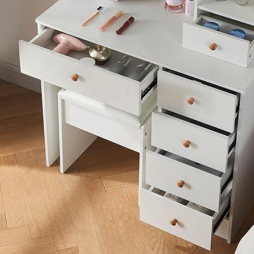 Makeup Vanity with Lights, Makeup Vanity with Sliding Mirror and LED Lights, Vanity Table Set with 5 Drawers and Stool,Shelves,Bedroom Vanity Mirror with Lights Desk and Chair,White