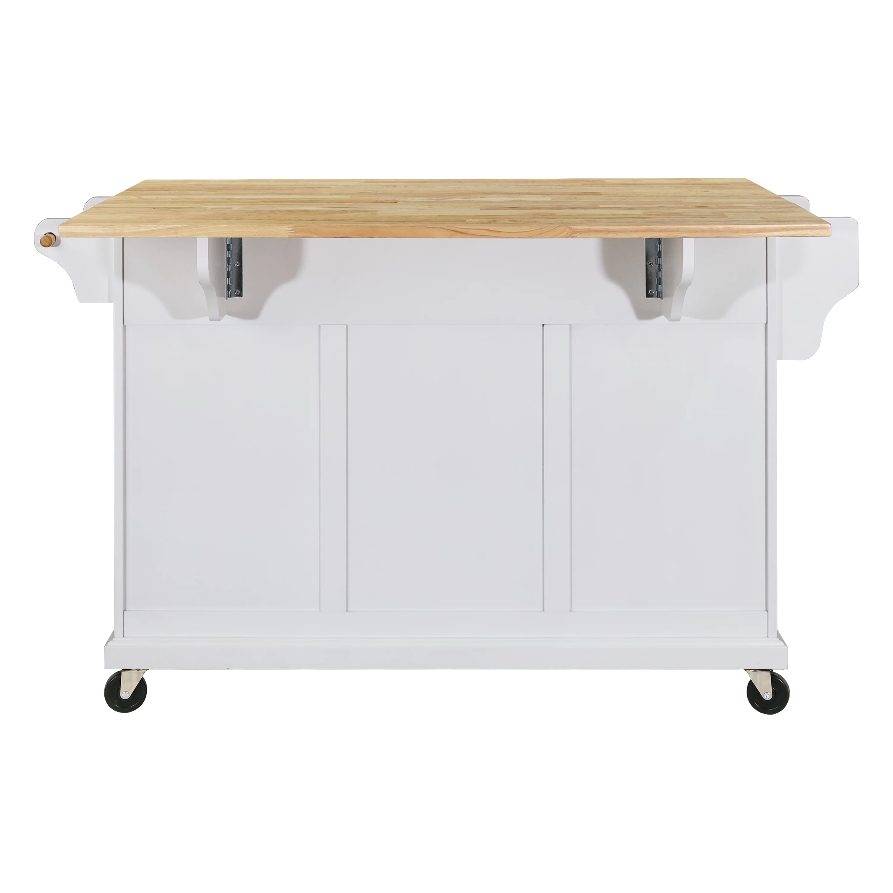 Multi-Functional Storage Island Cart with Rubberwood Countertop and Drop-Leaf, Greenguard Gold Certified, Kitchen Island on Wheels with Large Storage Cabinet,2 Drawers,Spice Rack,Towel Holder, White