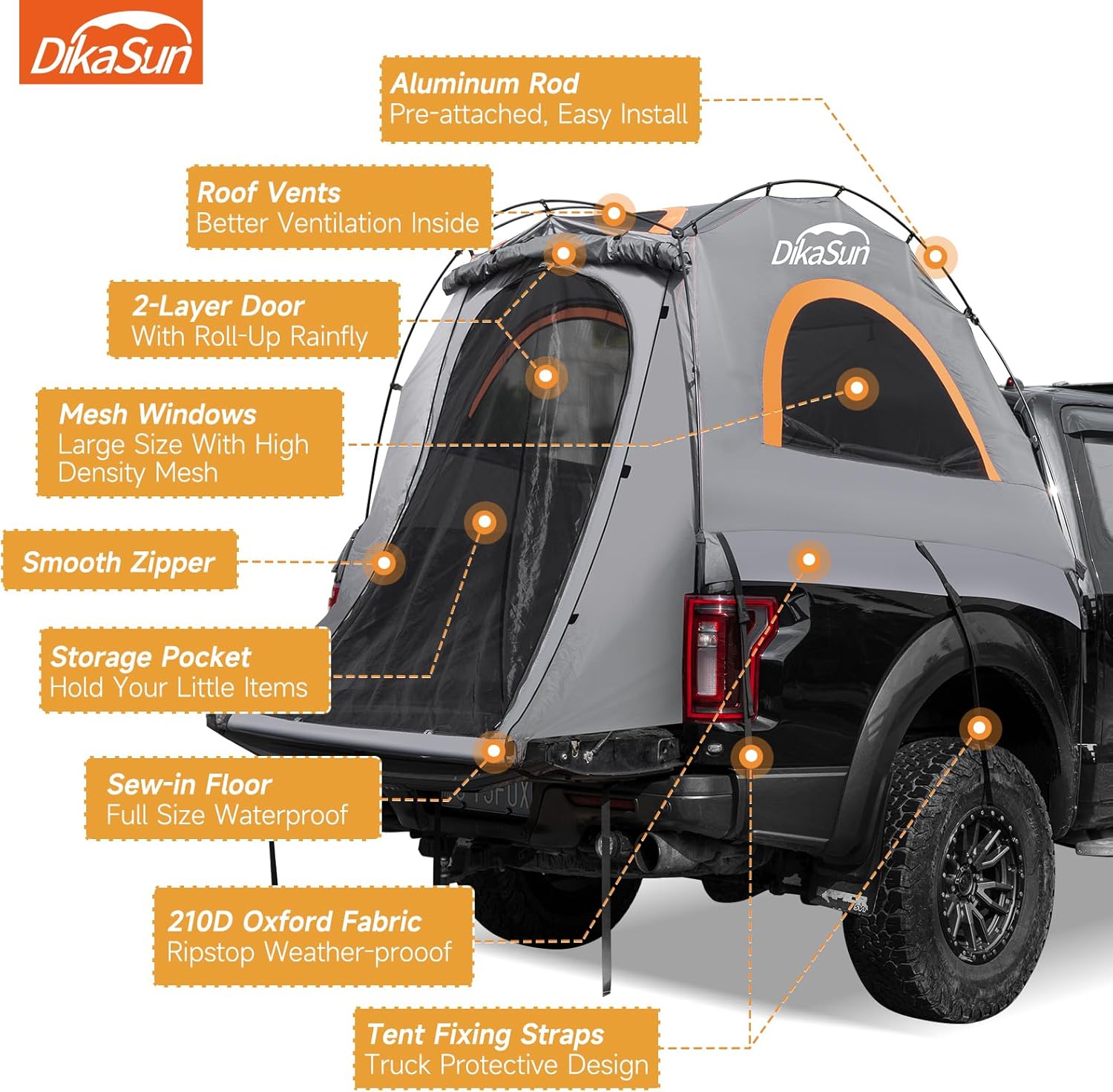 Pickup Truck Bed Tent: Double Layer Quick Setup Pickup Tent 6.4-6.7 Ft, Waterproof PU3000mm Tear-Resistant Truck Tent for Camping (Grey)