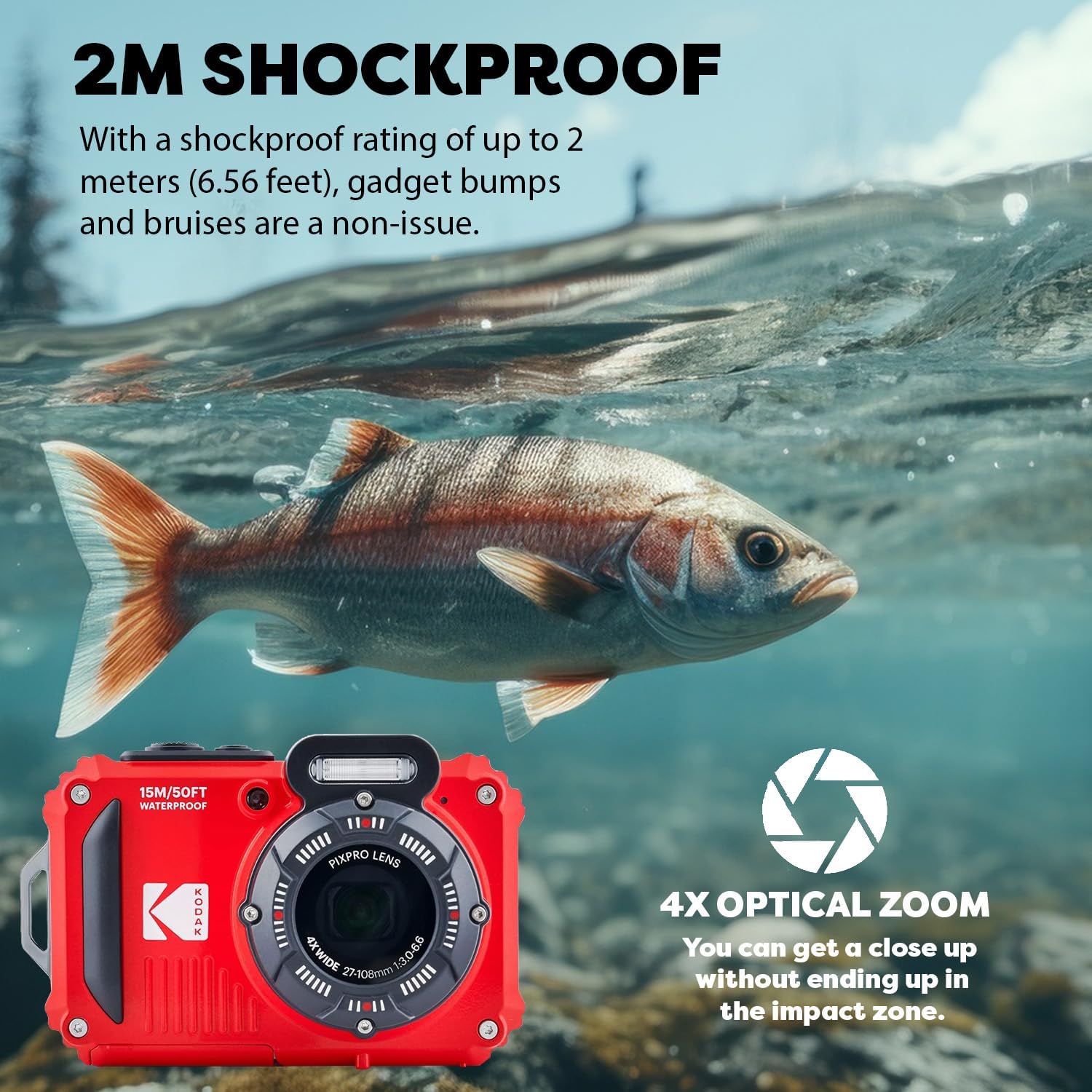 KODAK PIXPRO WPZ2 Rugged Waterproof Digital Camera, Red Bundles with Case, Monopod, Card Reader and More (9 Items)