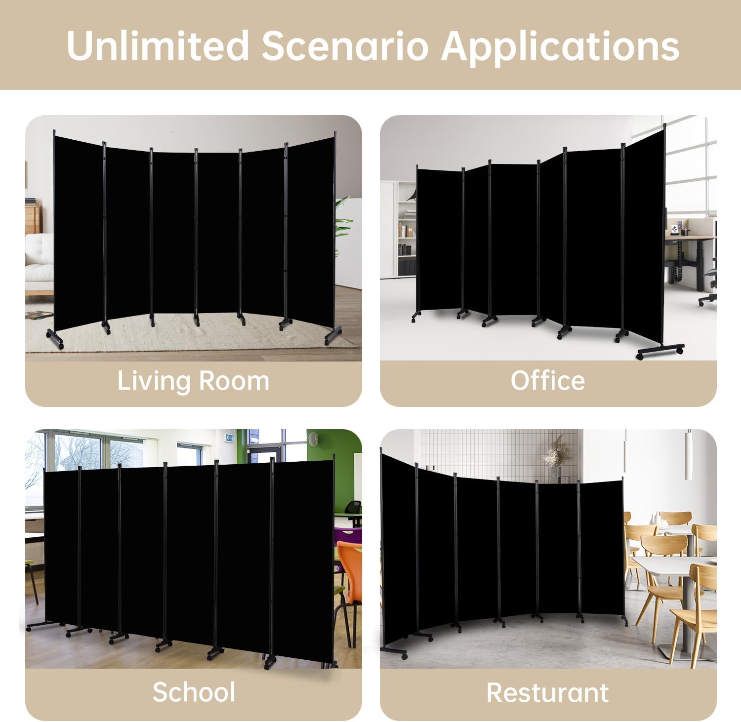 Room Divider 6 Panel Room Dividers/Wheels, Fabric Room Divider Panel for Office Room Partitions and Dividers, Portable Partition Wall Divider for Room Separation, Flexible Privacy Screen Indoor