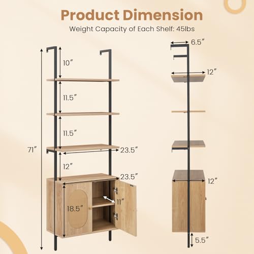 6-Tier Ladder Bookshelf with Cabinet, 71" Tall Wall Mount Shelf Bookcase w/Sturdy Metal Frame & Rattan Cabinet Bottom, Wall Storage Display Rack for Living Room, Bedroom & Home (1)