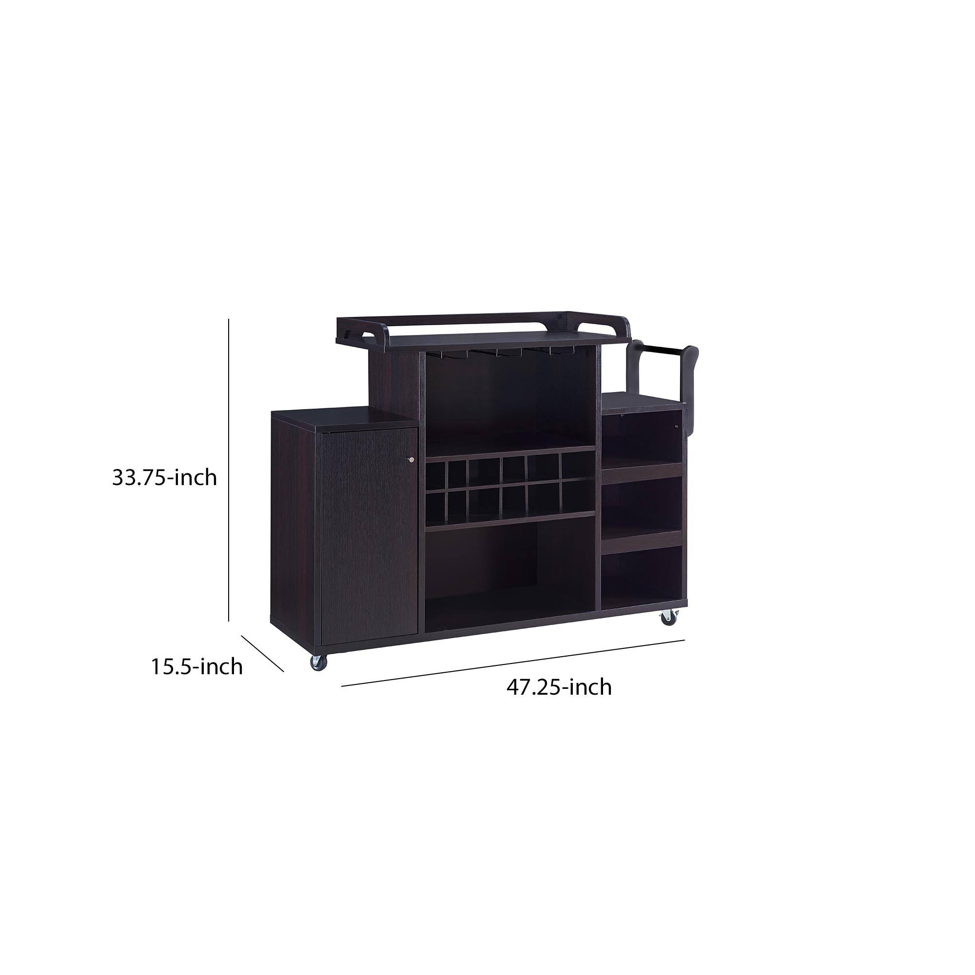 Benjara BM214715 Casters Supported Wooden Buffet Cart with Wine Rack and 1 Door Cabinet, Brown