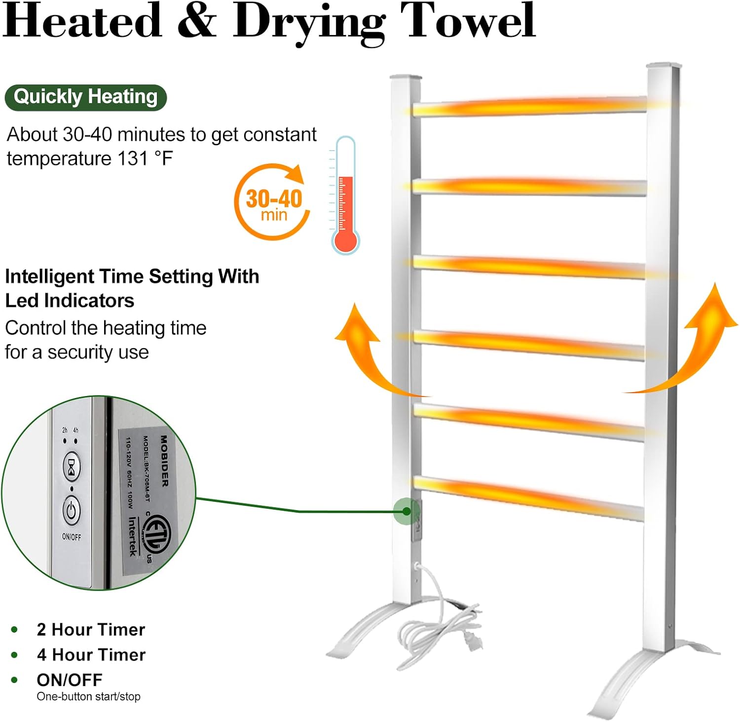 Towel Warmer for Bathroom - Heated Towel Rack with Timer- Towel Heater with Wall Mounted Plug-in Design for Drying Spa, 6 Bars