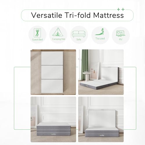 Novilla Tri Fold Mattress Queen, 4 Inch Memory Foam Foding Mattress,Portable Trifold Mattress with Removable Cover for Floor, Foldable Mattress,Non Slip Bottom Camping Mattress, Queen Size