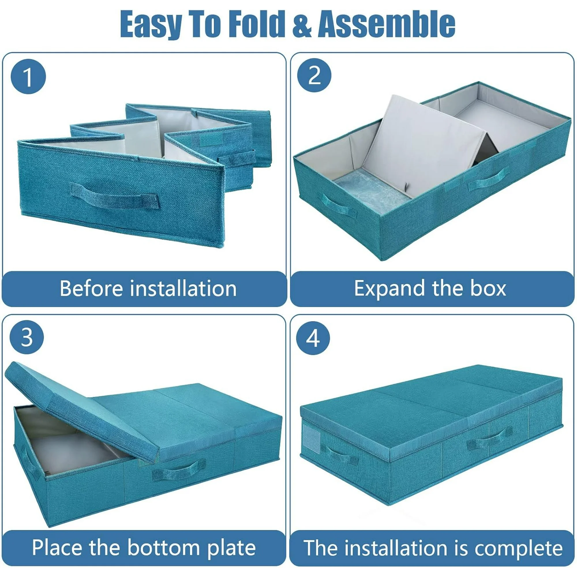 Underbed Storage Containers Bin with Lids (2pcs) Large Under Bed Storage Organizer Box with Handle, Foldable Under the Storage Bags for Organizing Clothes, Shoes, Blankets, Pillows-Cyan blue