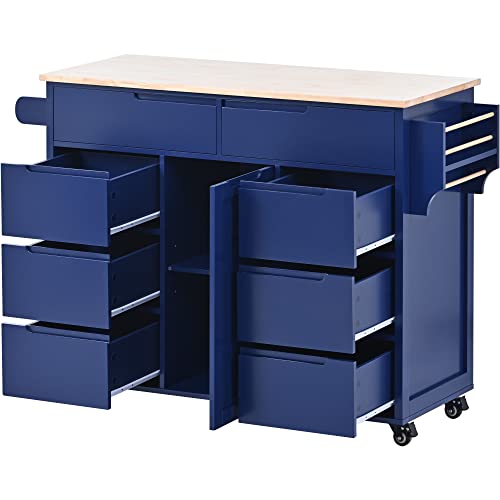 53" Mobile Kitchen Storage Islands with 8 Handle-Free Drawers Including a Flatware Organizer, Rolling Kitchen Island Cart with Storage Cabinet, Modern Kitchen Island Cart with Rubber Wood Top, White