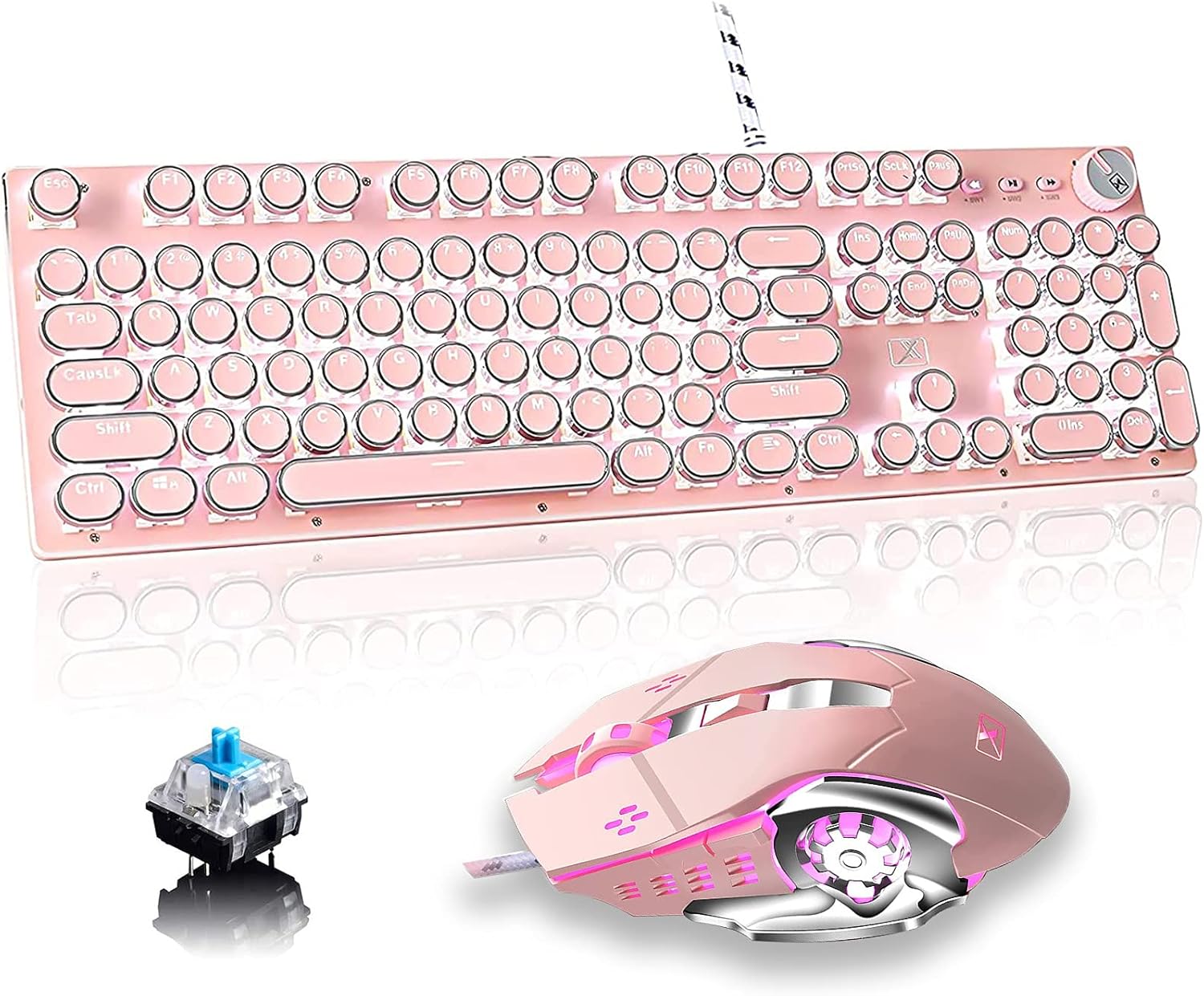 Mechanical Gaming Keyboard and Mouse Combo, Retro Typewriter-Style Wired Computer Keyboard Mouse Combo, 104 Keys White Backlight Compact PC Gaming Keyboard, Great Gift for Girls/Women (Pink)