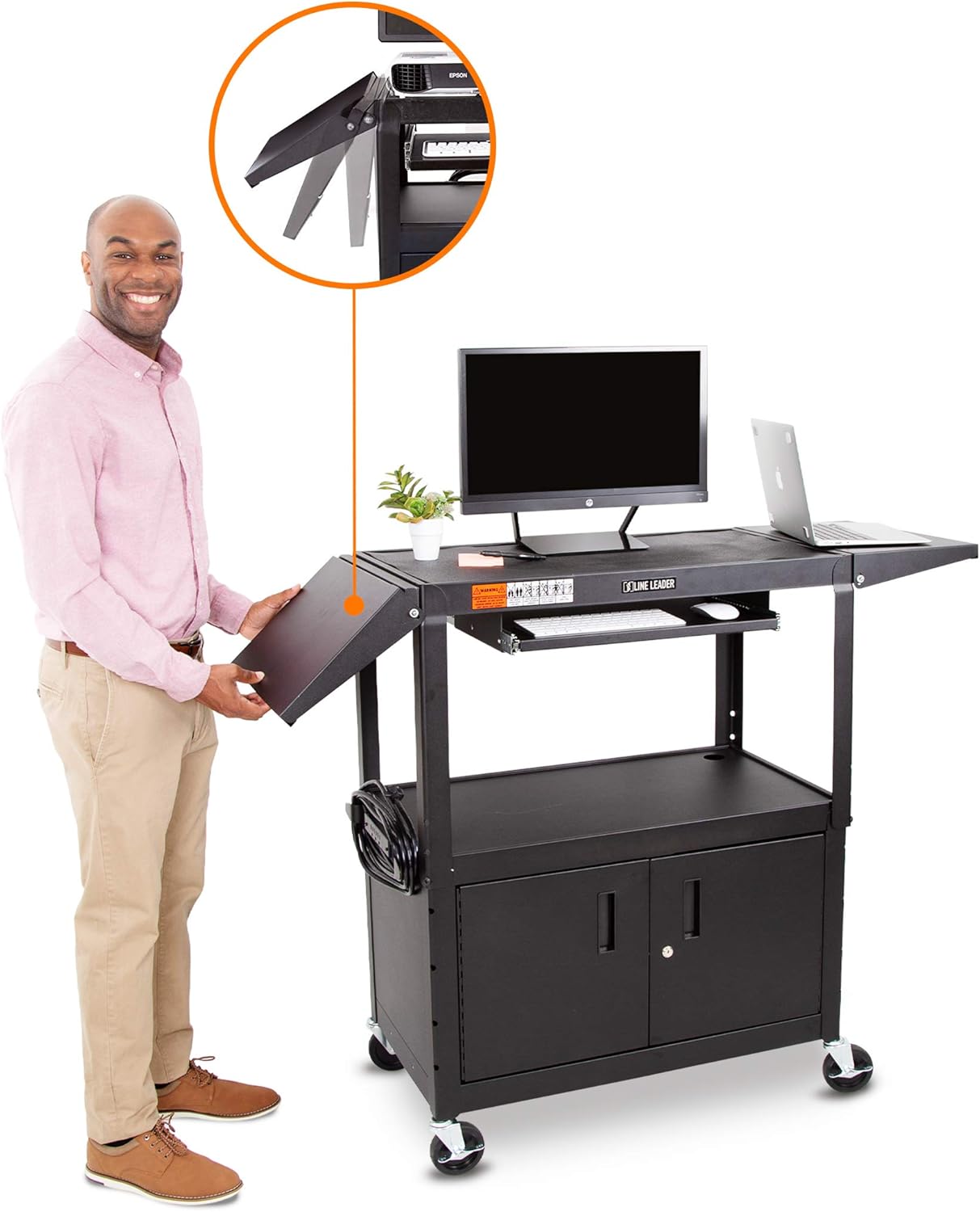Line Leader Large AV Cart with Locking Cabinet & Drop Leaves | Height Adjustable Utility Cart | Includes Pullout Keyboard Tray & Cord Management | Easy Assembly (54in x 18in x 42in / Black)