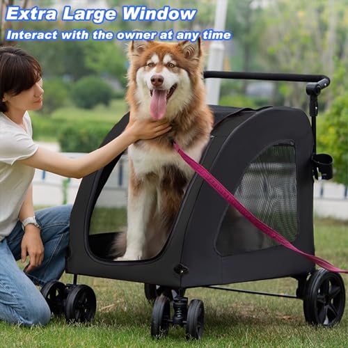 Large Dog Stroller, Removable Cushion Adjustable Handle Foldable 4 Wheel Pet Stroller, Front and Back Access to Dog Wagon for 180 lbs Large Dog or 2 Medium Dogs (Black)
