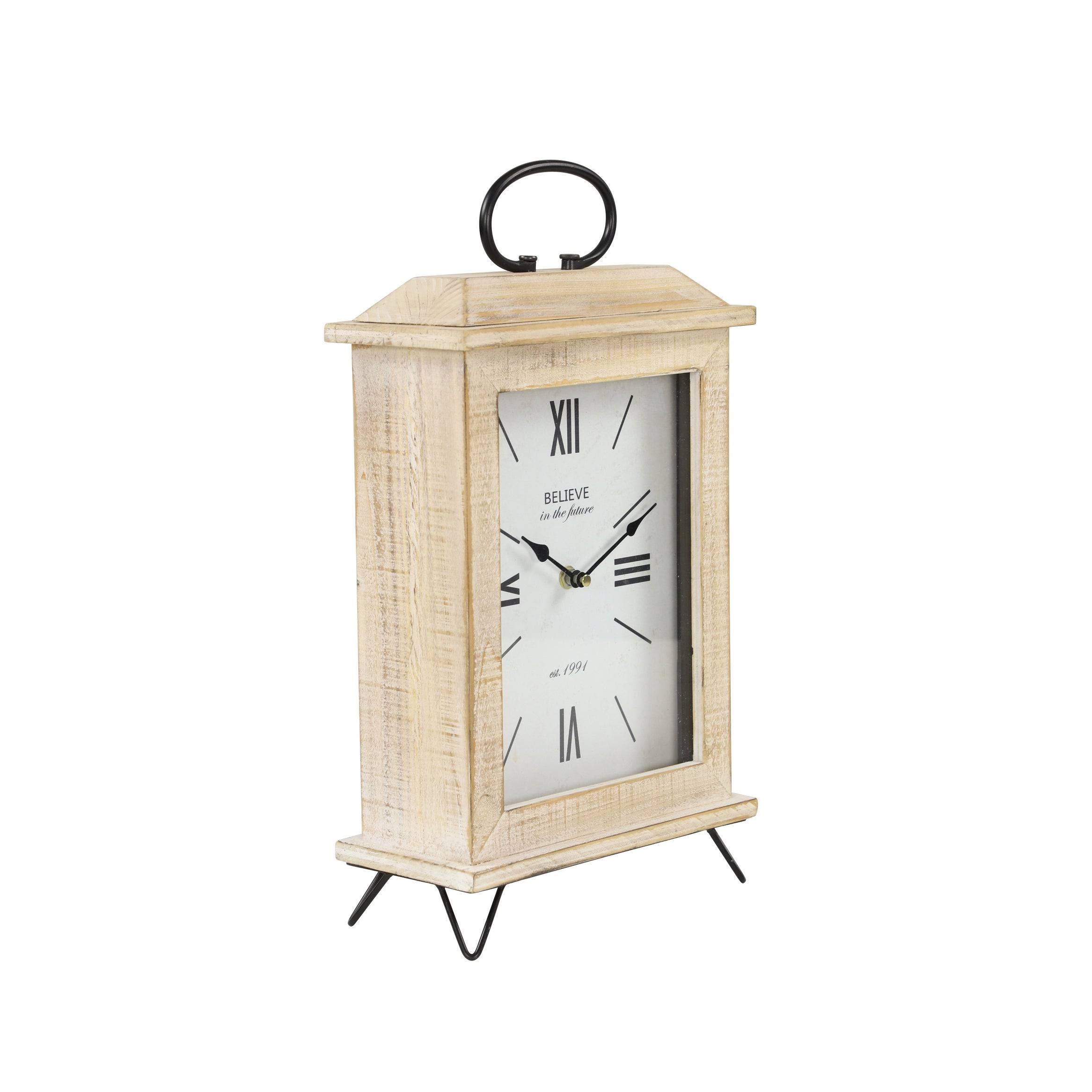 Rectangular Beige Farmhouse Style Wooden Table Clock w/ Whitewash Finish