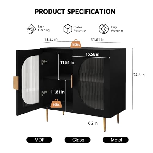 AERPOWER Sideboard Buffet Cabinet with 4 Glass Doors, Wood Accent Cabinet with Storage Shelves, Black Credenza Display Cabinet, Modern Storage Cabinet for Kitchen, Dining Room, Living Room, Hallway