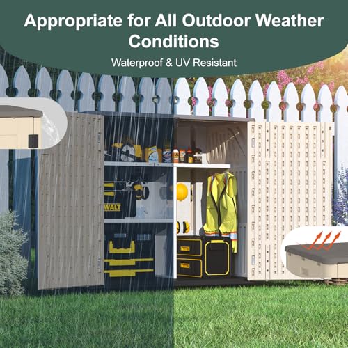 60 Cu.Ft Vertical Outdoor Storage Shed, All-Weather Resin Storage Cabinet Waterproof with Lockable Floor, Tall Backyard Shed for Patio Furniture, Garage, Garden, Pool Accessories, Porch (Khaki)