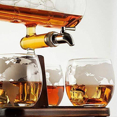 Whiskey Decanter with Antique Ship - The Wine Savant Ship Decanter Set with 4 Globe Glasses, Drink Dispenser for Wine, Whiskey D