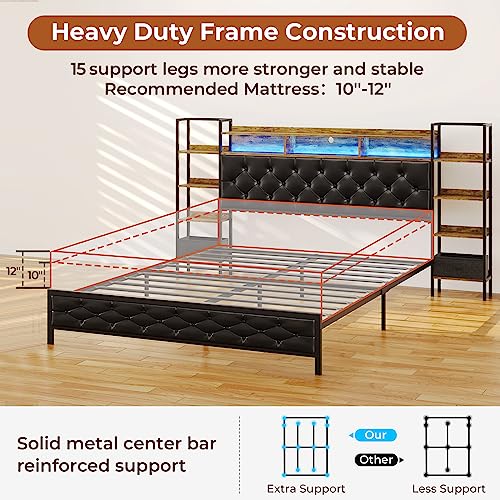 DICTAC Bed Frame King Size with Bookcase Storage Headboard and Charging Station King Size Metal Led Platform Bed with LED Lights and Upholstered Headboard,King Size Bed,No Box Spring Needed,Black
