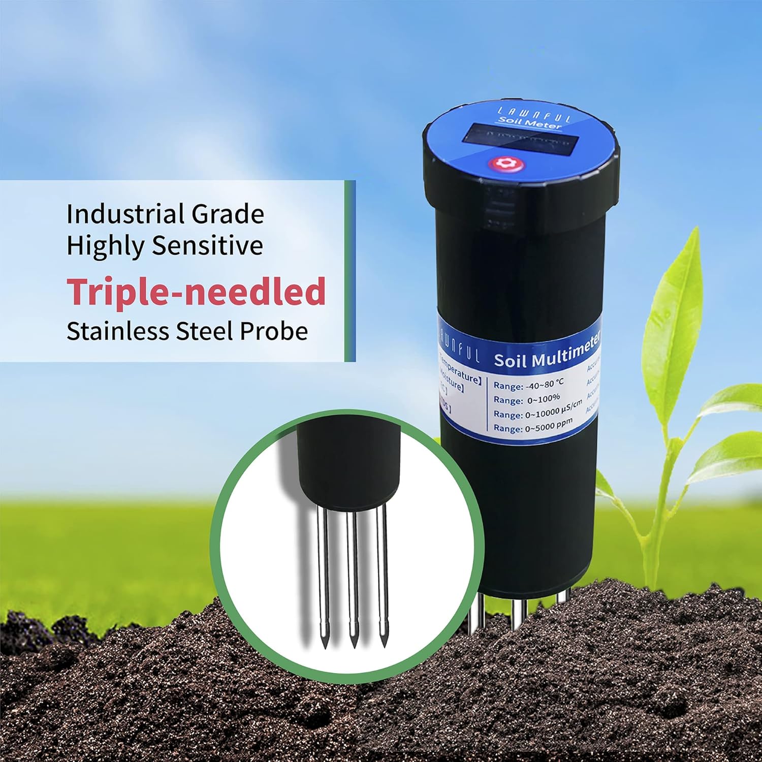 LAWNFUL 4-Way Soil Water Meter for Moisture/TDS/Conductivity/Temperature Test, 4-in 1 Tester with LCD Display for Soil and Water Plant (Work as Moisture & EC & TDS Meter & Thermometer) Pack of 2