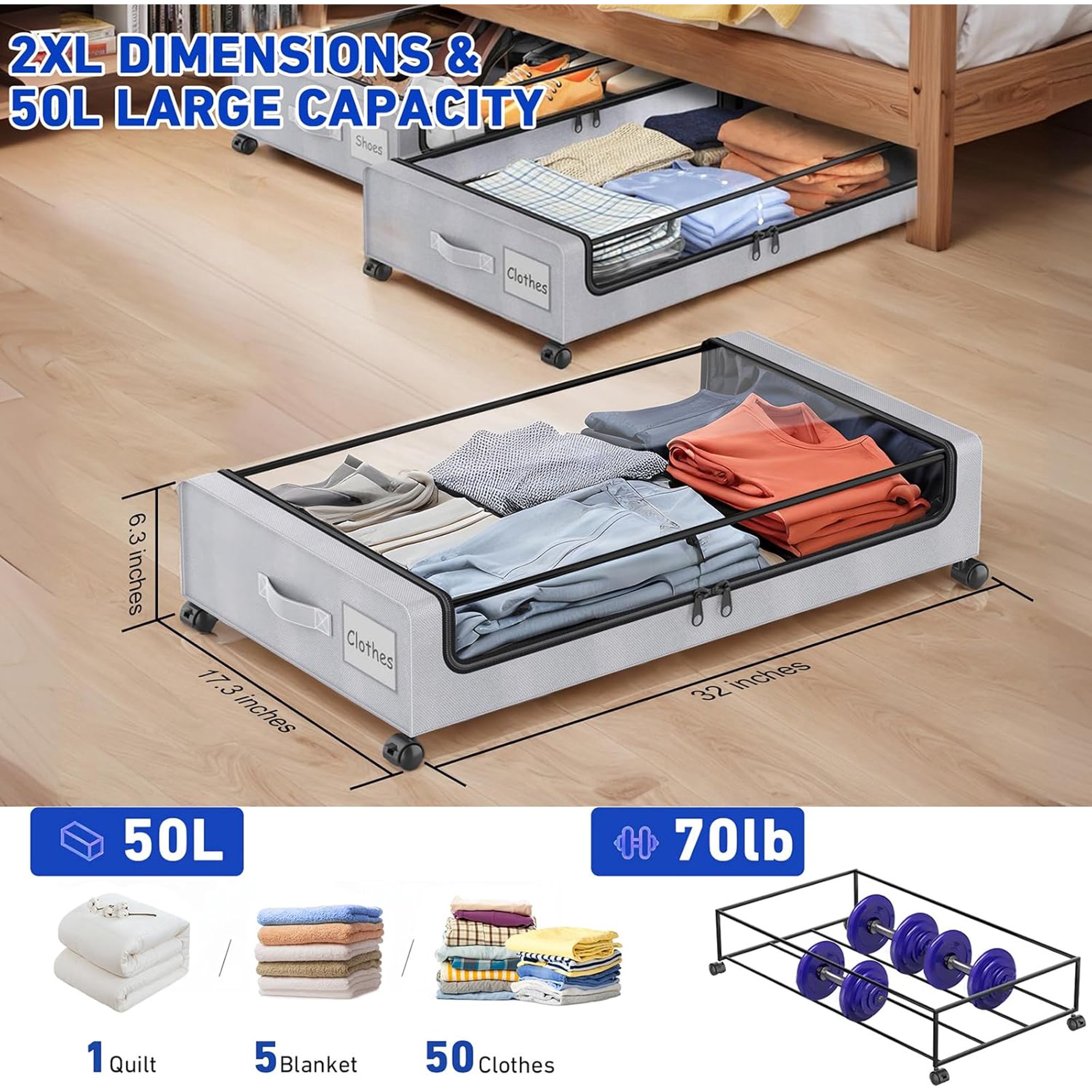 Under Bed Storage with Wheels, 4-Pack Under Bed Storage Containers with Clear Lids, XXL 60L Under the bed storage Organizer Bins, Rolling Under Bed Metal Drawer for Clothes,Shoes,Toys (Gray)