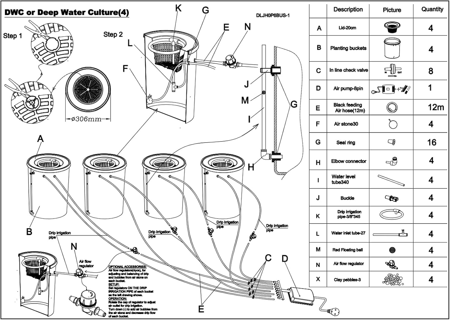 DWC Hydroponics Growing System, 5 Gallon Deep Water Culture, Recirculating Drip Garden System Kit with Multi-Purpose Air Hose, Air Pump, and Air Stone (4 Bucket + Reservoir Kit)