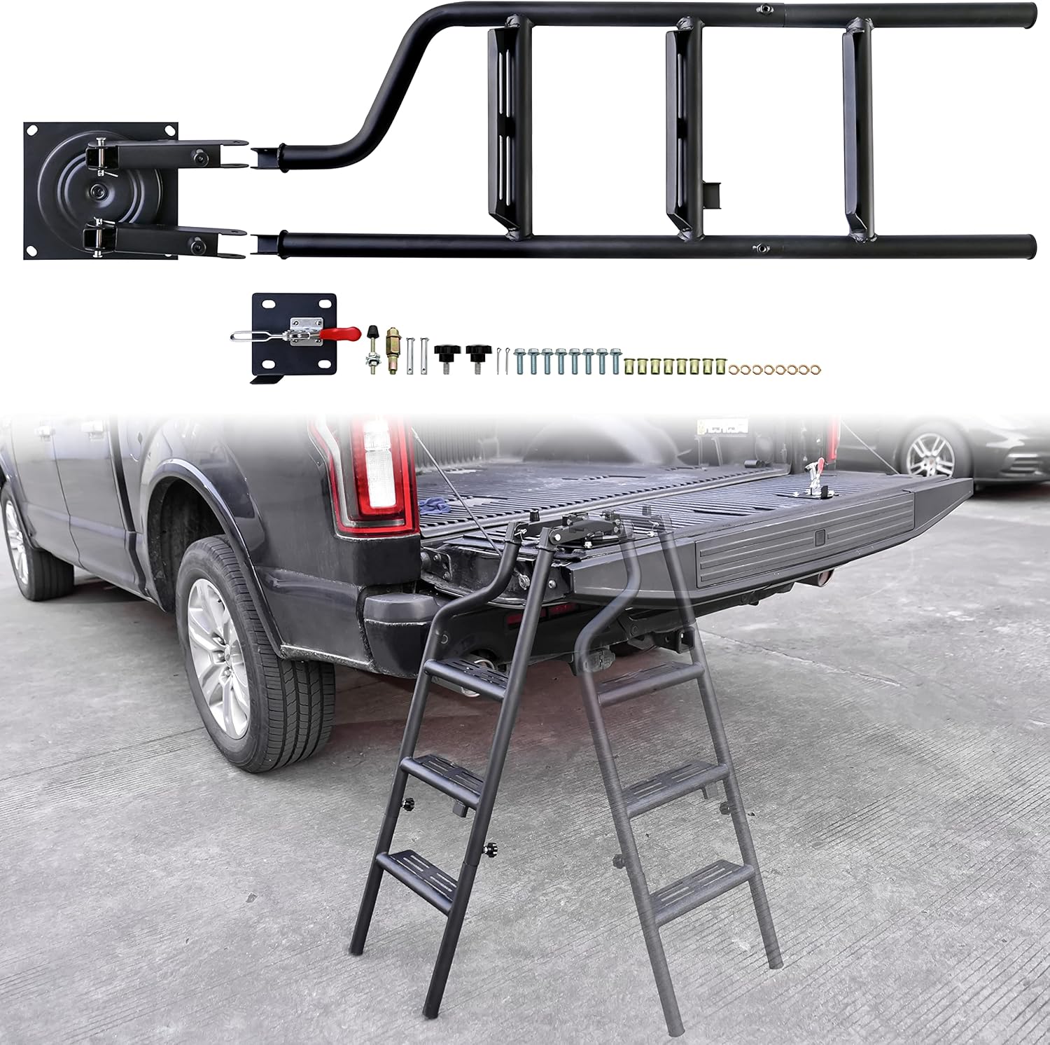 POKIAUTO Universal 42" Foldable Pickup Truck Tailgate Ladder, Heavy Duty Folding Tailgate Step Ladder with Lock Device Universal Fit for Pickup Truck (F150, RAM 1500 etc.) Accessories