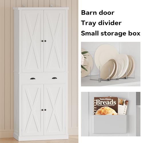 IRONCK Kitchen Pantry Storage Cabinet 72.6" H, with Barn Doors, Drawer, 4 Adjustable Shelves, Freestanding Cupboard for Dining Room Living Room, Laundry, White