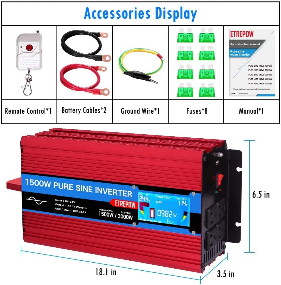 ETREPOW 3000 Watt Pure Sine Wave Inverter 12V to 110V 120V with LCD Display, 4 AC Sockets, 2.1A USB Port, Dual Fans and Wireless Remote Control-Off-Grid Inverter for RV, Automotive 6000W Peak