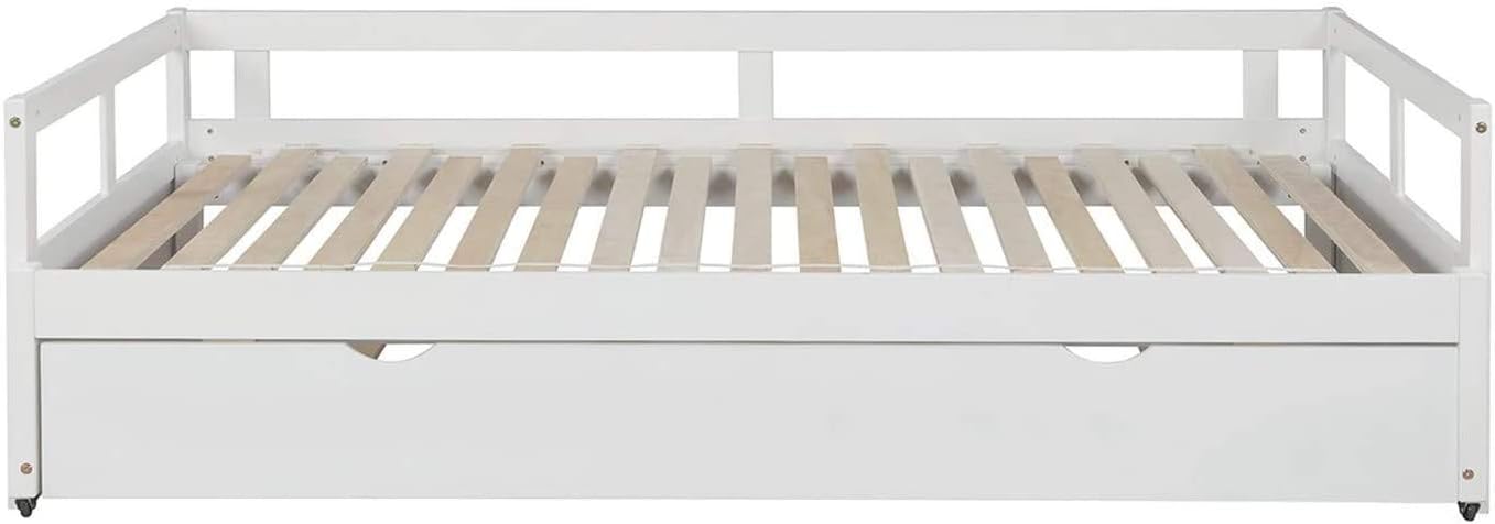 MERITLINE Daybed with Trundle,Twin to King Trundle Bed Extendable Design, Wooden Daybed/Sofa Bed for Bedroom Living Room,No Box Spring Needed,White