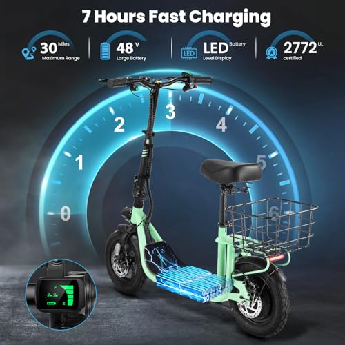 Caroma Peak 800W/1200W Electric Scooter Adults, 30 Miles Max Range, Foldable Electric Scooter with Seat, Front Suspension, Detachable Large Basket,Commuter E-Scooter for Adult and Teens