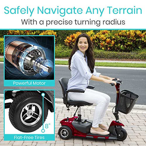 Vive 3 Wheel Mobility Scooter - Electric Powered Mobile Wheelchair Device for Adults - Folding, Collapsible and Compact for Travel - Long Range Power Extended Battery with Charger and Basket Included