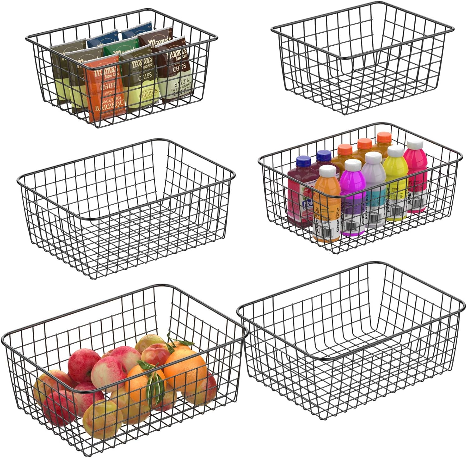 Wire Basket, Warmfill 6 Pack Wire Baskets for Storage Durable Metal Basket Pantry Organizer Storage Bin Baskets for Kitchen Cabinets, Pantry, Countertop, Closets, Black (2 Small, 2 Medium, 2 Large) Pack of 2