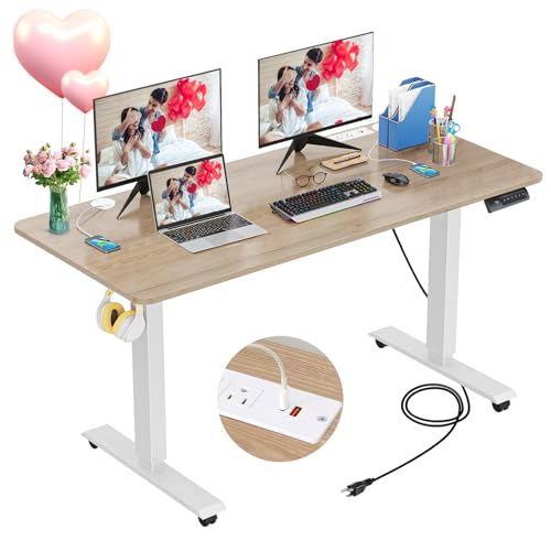 farexon Electric Standing Desk 55 x 24In with Charging Station, Stand up Desk with Oversized Mouse Pad, 2 USB Ports & 3 Power Outlets, 4 Caster, 4 Preset Heights Easy to Set（Brown）