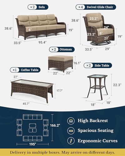Luxury Patio Furniture Set with 6-inch Thick Cushion, Outdoor Couch and High Back Swivel Rocker Patio Chairs, 7PCS Wicker Conversation Set for Deck, Yard, and Poolside in Blue (V2)