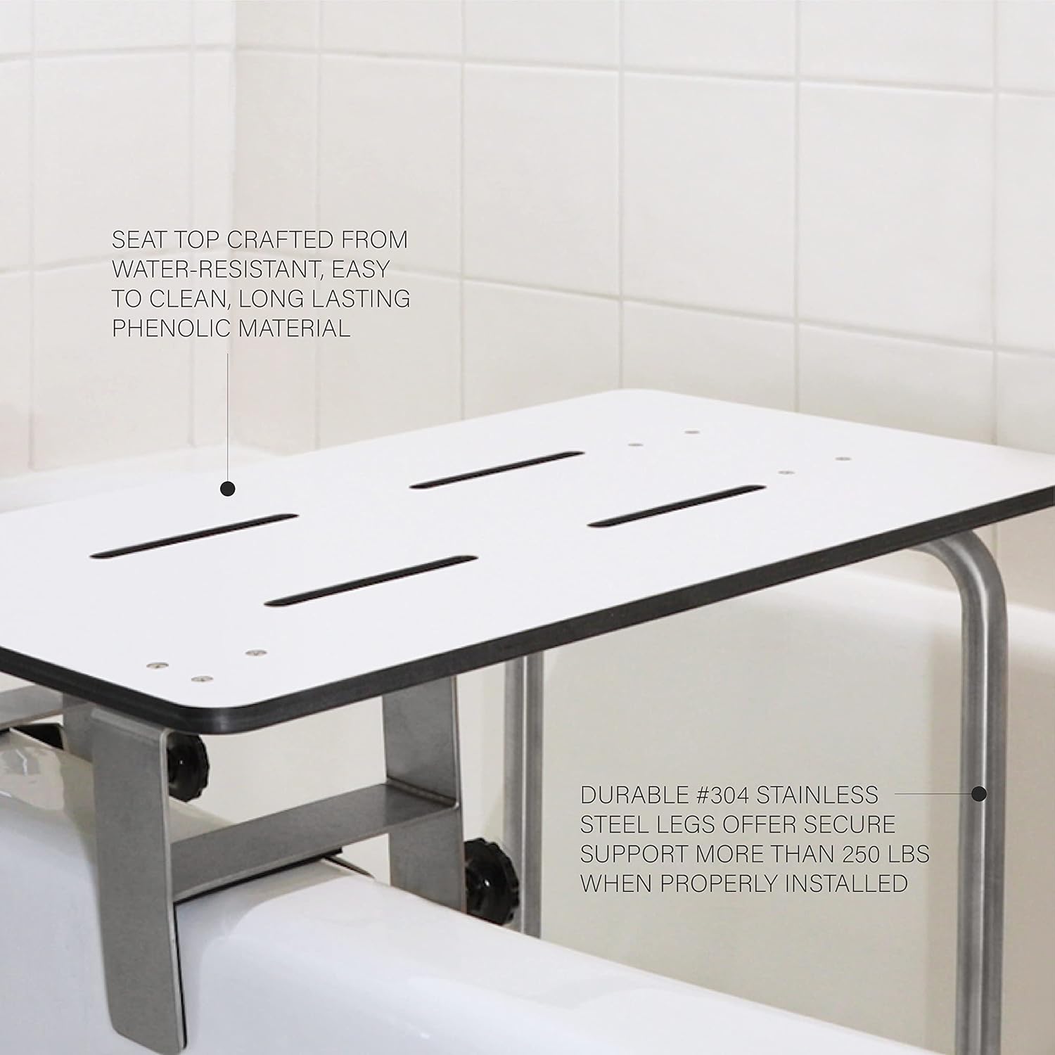 Seachrome Portable Edge Mounted Tub Seat, ADA Compliant, 26.5-Inch x 15-Inch, Solid White Phenolic Top