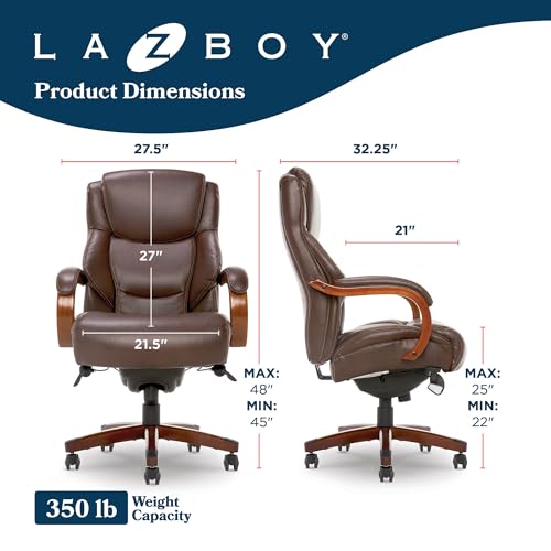 La-Z-Boy Delano Big & Tall Executive Office Chair, Ergonomic Mid-Back Body Pillow Lumbar Support, ComfortCore Memory Foam Cushion, Mahogany Wood Arms & Swivel Base, Bonded Leather, Chestnut Brown
