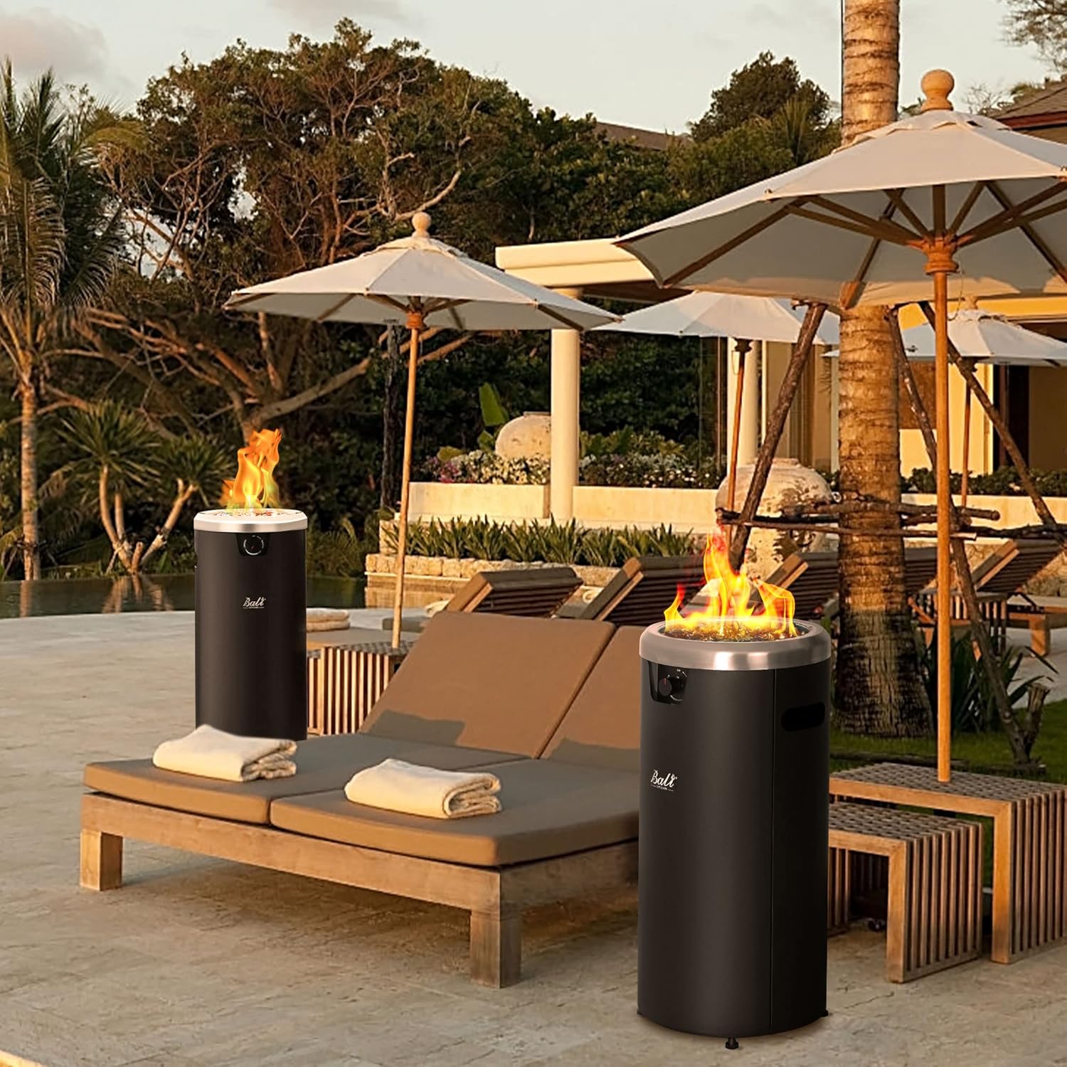 BALI OUTDOORS 15 inch Round Gas Fire Pit, Patio Fireplace, Propane Fire Column with Blue Fire Glass for Outdoor Backyard Garden