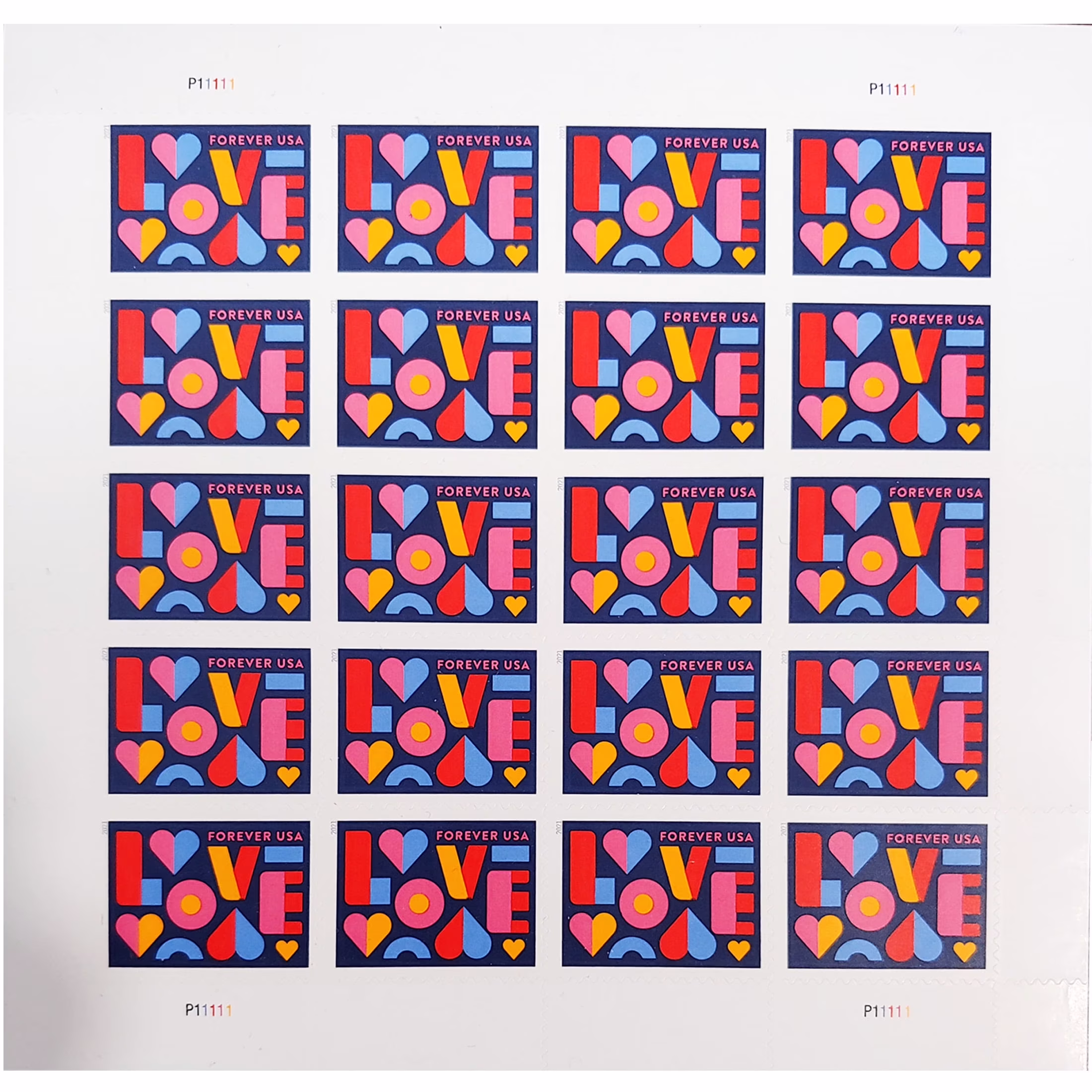 Love 2021 USPS Forever Postage Stamp 1 Sheet of 20 US First Class Postal Valentine Heart Wedding Celebration Anniversary Romance Party (20 Stamps)